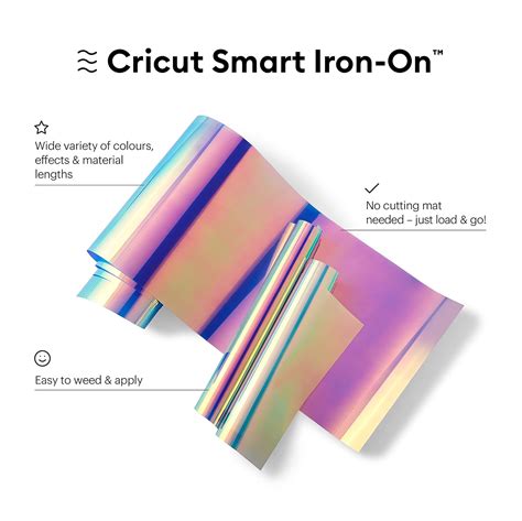 Cricut Smart Iron-on 33x273cm 1 sheet (Holographic Transblue); 1 roll 33 cm x 2.7 m (13 in x 9 ft); Works without a cutting mat – just load & go!; Great for apparel, accessories & home decor; Cuts beautifully and weeds easily; For Cricut Explore™ 3 & Cricut Maker™ 3